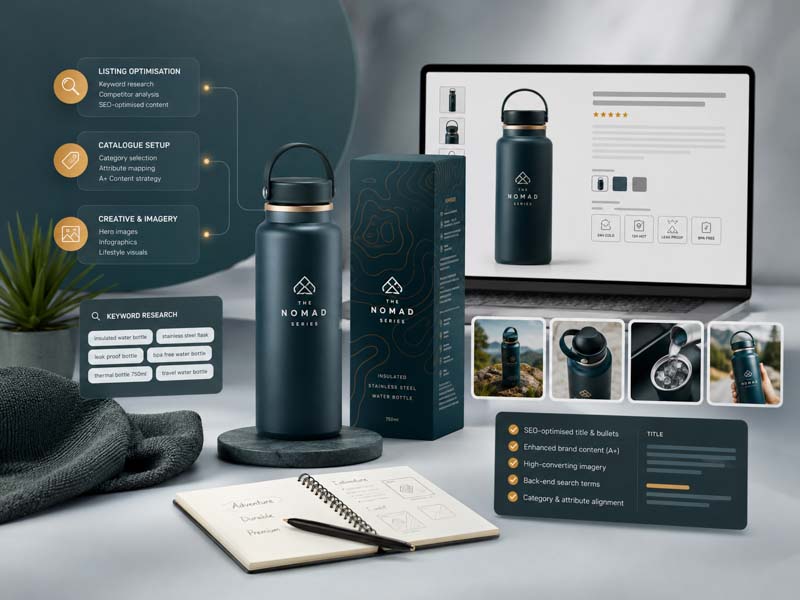 Amazon listing optimisation, catalogue setup, keyword research and ecommerce creative