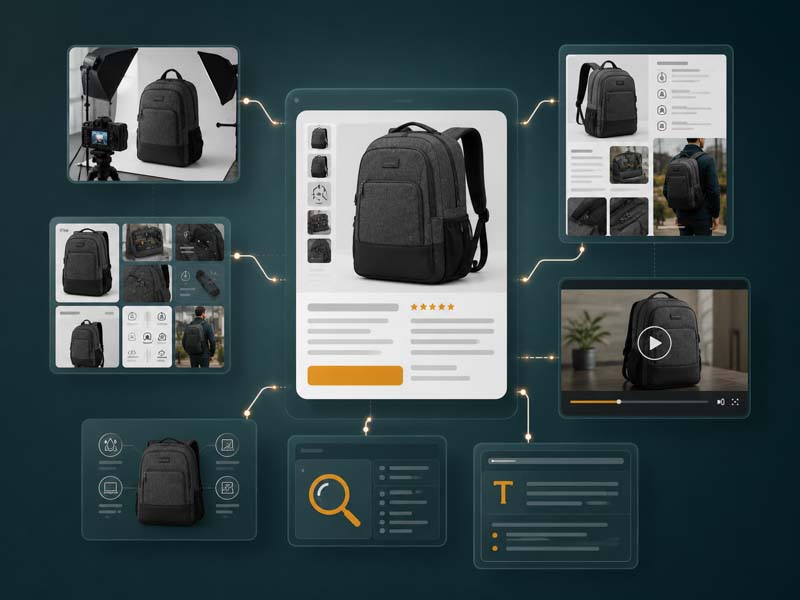 Connected Amazon listing workflow combining photography, infographics, A+ Content, video, keyword research and copywriting