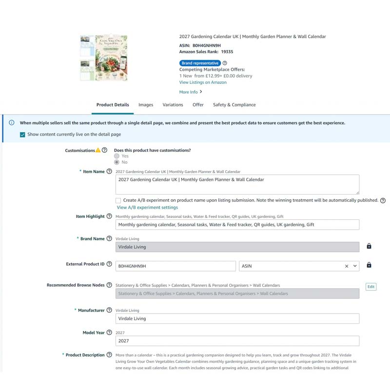 Example of Amazon listing and cataloguing work completed by TK Digital Studio